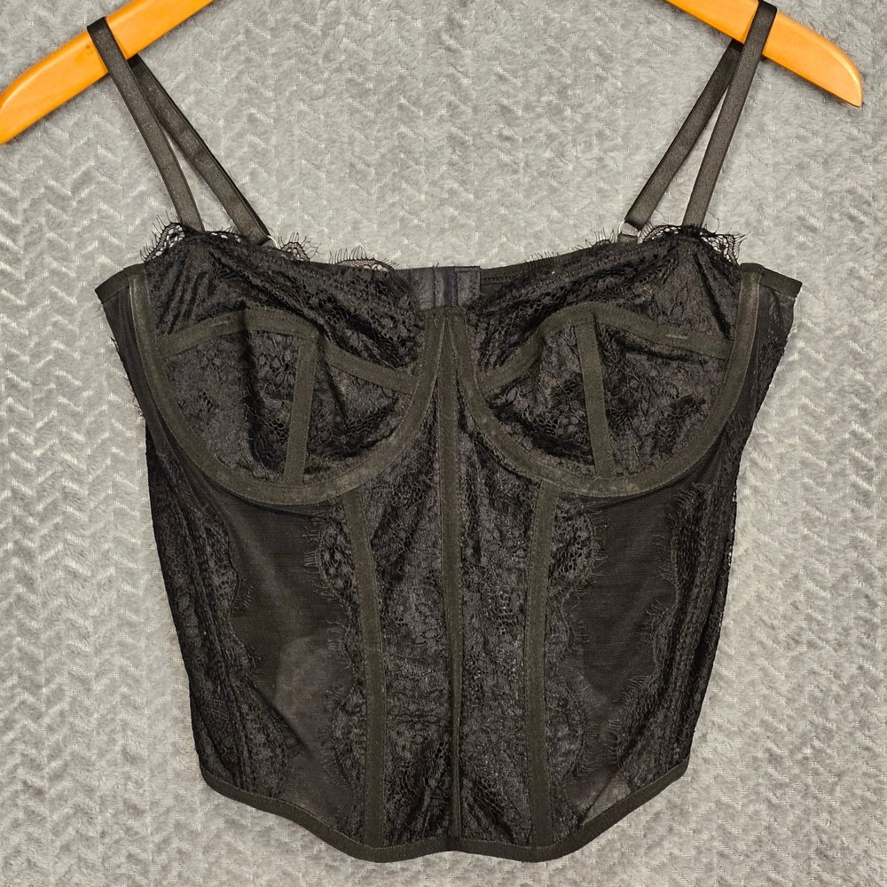 Edgy Dark Romance Black Lace Corset Bustier Top Sheer Mesh Underwire Medium Goth